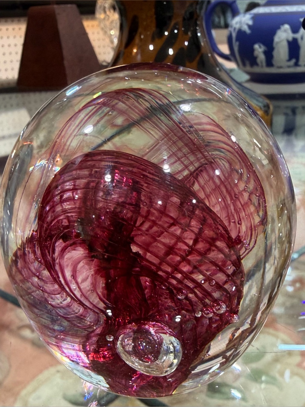 Robert Held Art Glass Paperweight Swirling Red Tone Bubbles Signed 3 Inches